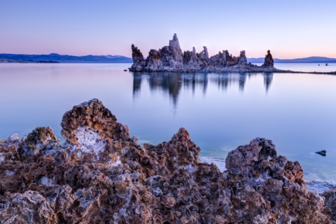 The Mono Lake tufas, as a stone ghost ship under the sunrise lights